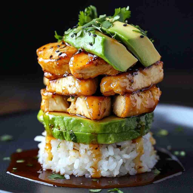 A beautifully stacked dish of Honey Lime Chicken with Avocado and Seasoned Sushi Rice, featuring layers of fluffy rice, creamy avocado slices, and glazed honey lime chicken, garnished with fresh cilantro and drizzled with glossy sauce.