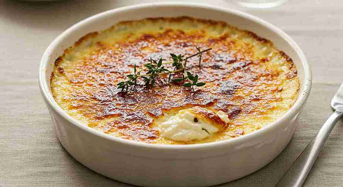 A golden, caramelized crab brûlée served in a white ramekin, garnished with fresh thyme sprigs on a beige linen tablecloth, with a spoon ready for serving.