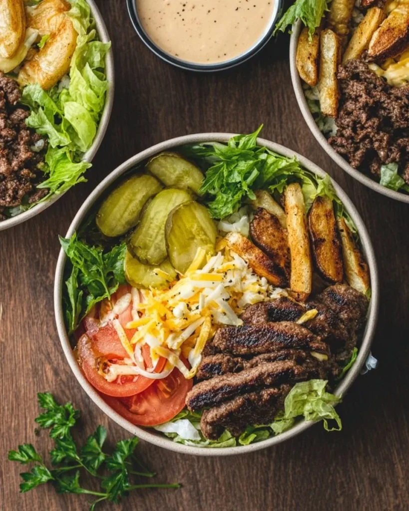 Delicious burger bowls with fresh ingredients served in a bowl.