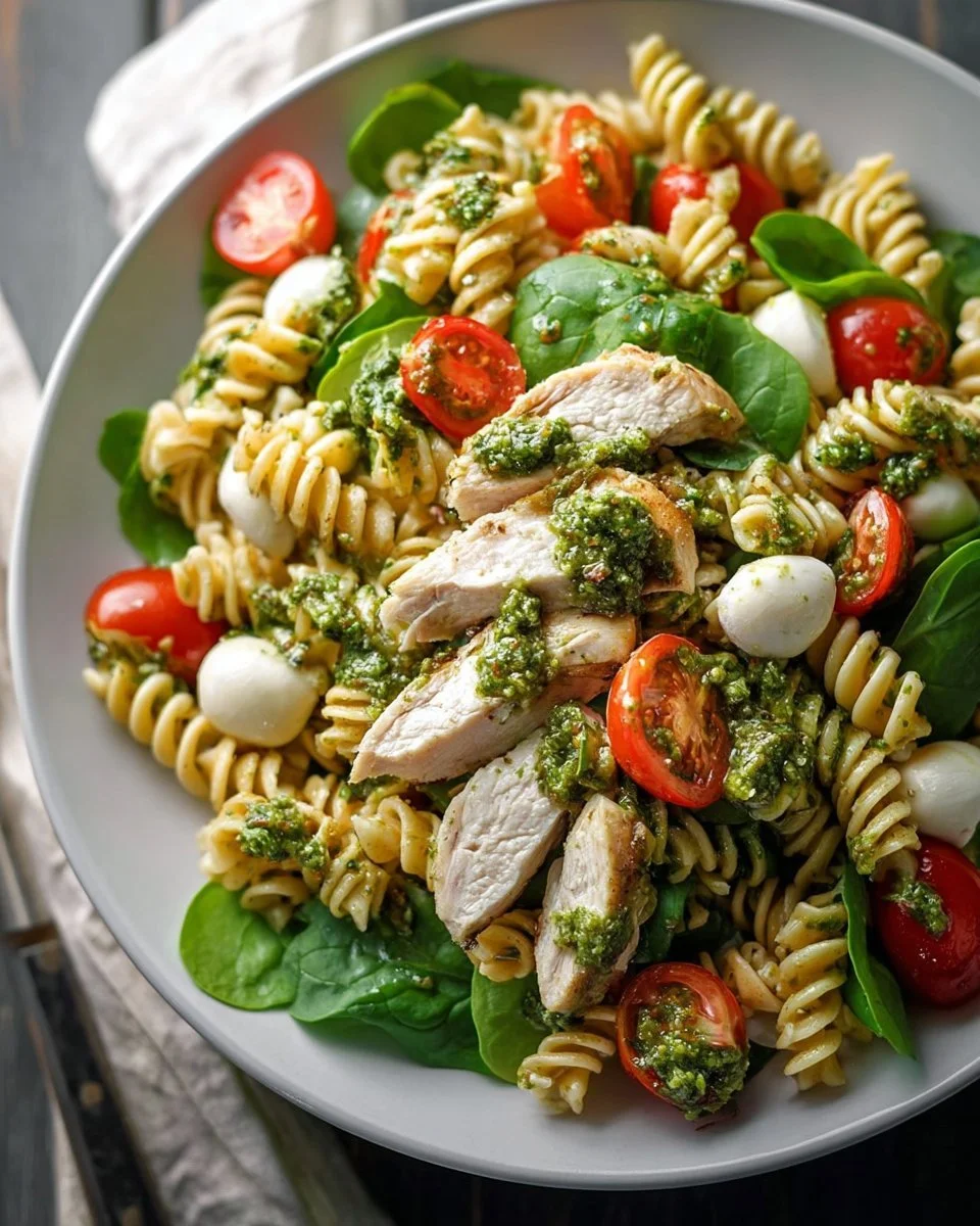 A colorful bowl of Chicken Pesto Pasta Salad with fresh ingredients and vibrant dressing.