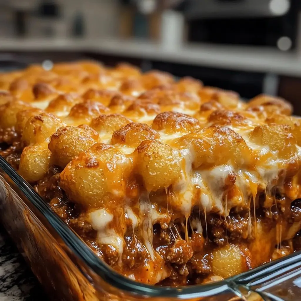 Delicious Chili Cheese Tater Tot Casserole topped with melted cheese and chili