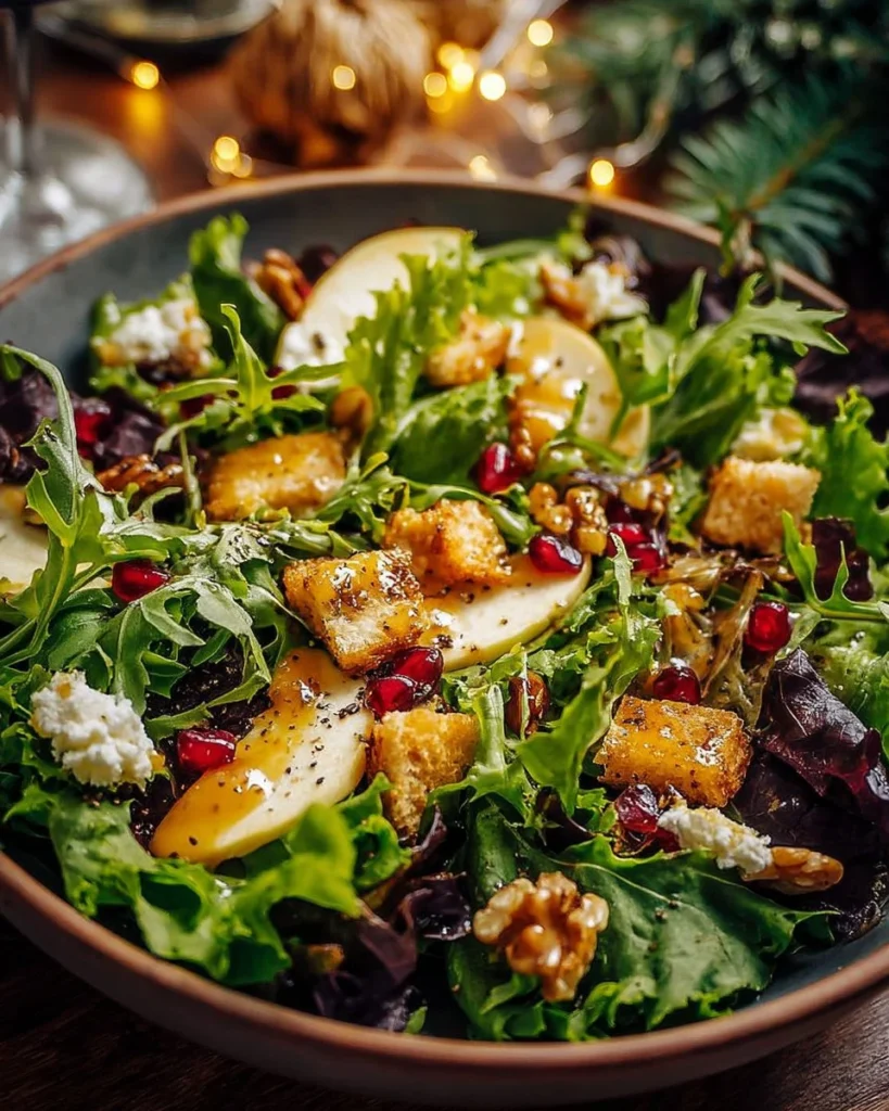 Christmas Salad topped with Honey Mustard Dressing, featuring festive greens and toppings.