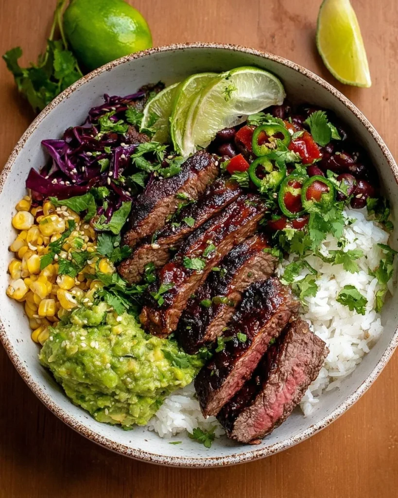 Bowl of cilantro lime steak with fresh vegetables and rice