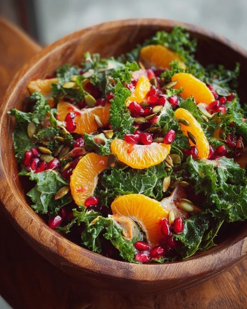 Citrus Pomegranate Kale Salad garnished with citrus slices and pomegranate seeds.