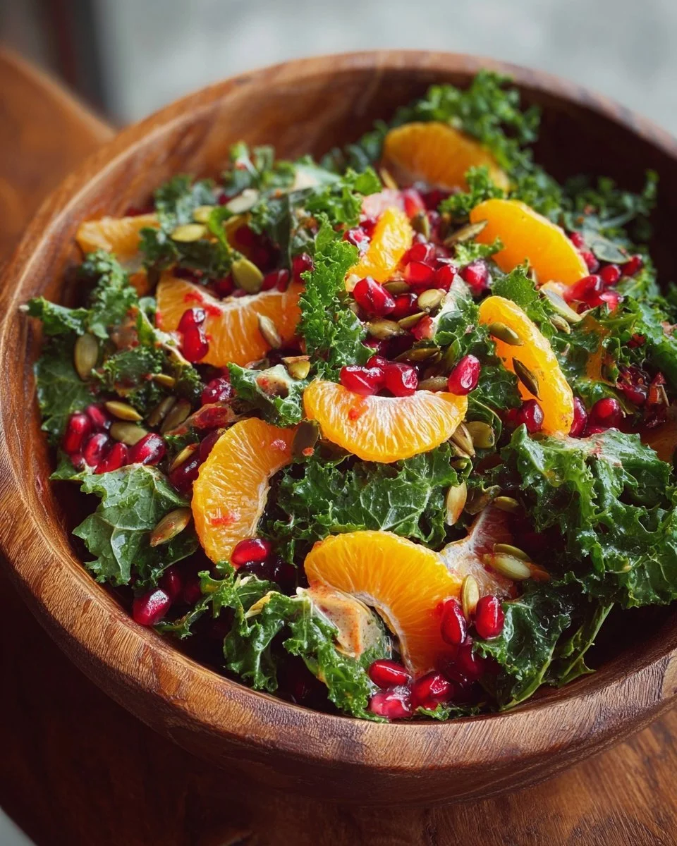 Citrus Pomegranate Kale Salad garnished with citrus slices and pomegranate seeds.
