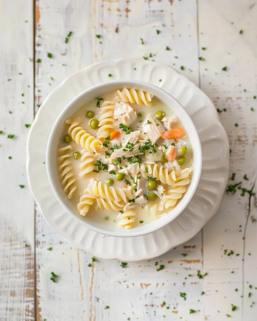 Delicious classic chicken pot pie pasta served in a bowl.