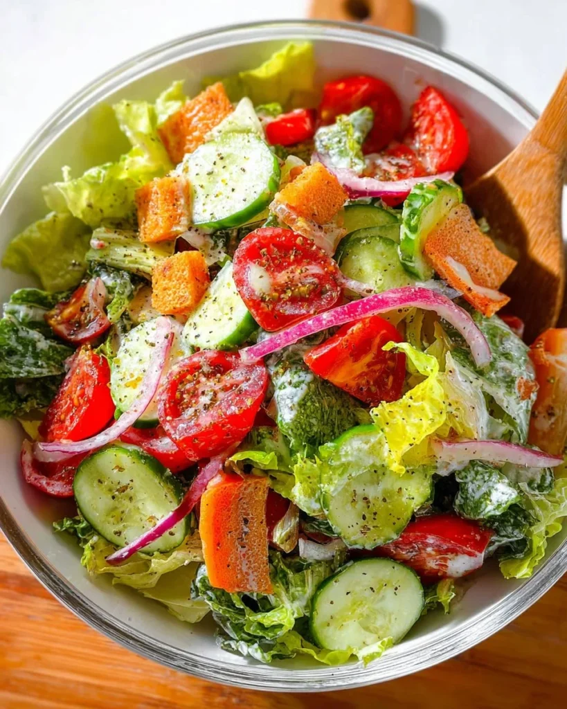 Classic house salad with fresh vegetables and dressing in a bowl