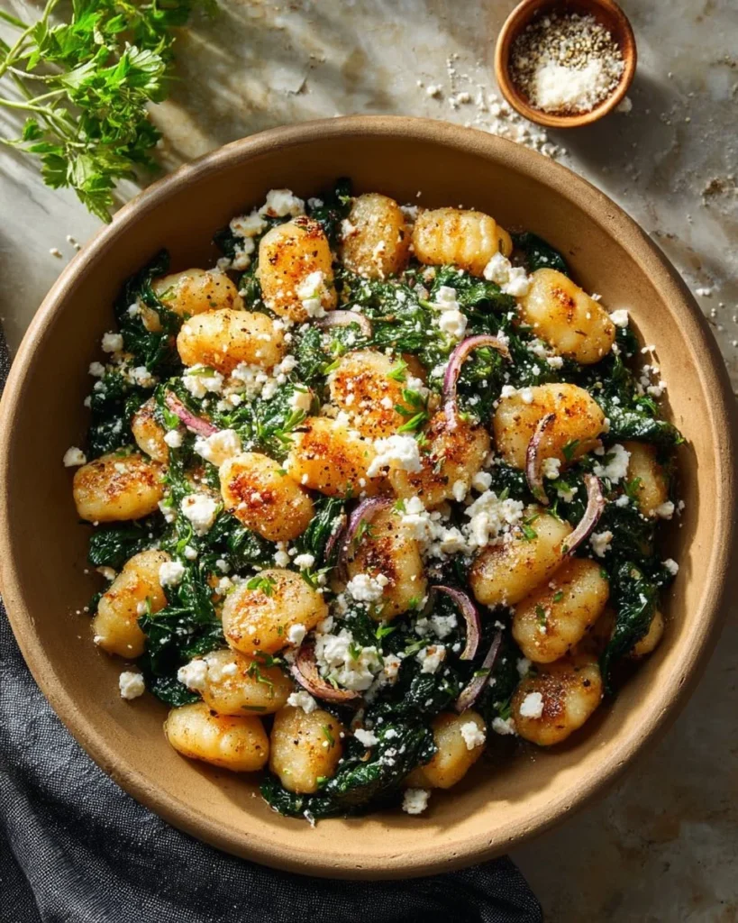 Creamy gnocchi dish with spinach and feta cheese topped with herbs