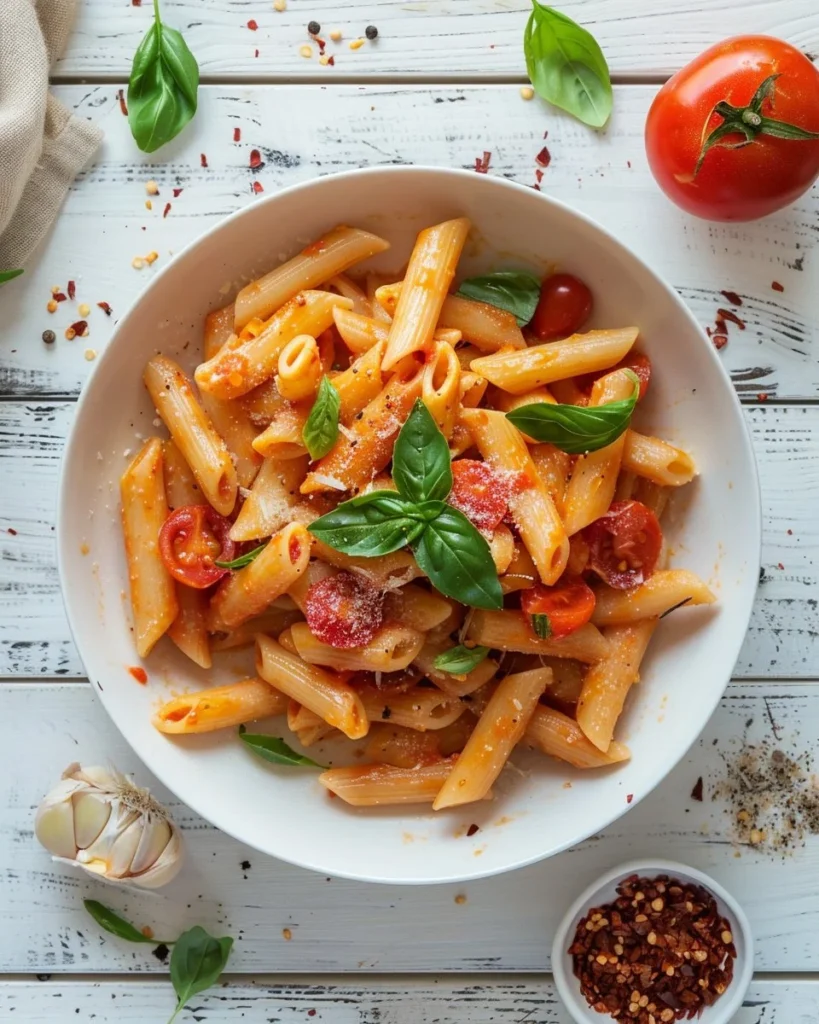 Creamy tomato garlic pasta dish served in a bowl with fresh herbs and parmesan cheese.