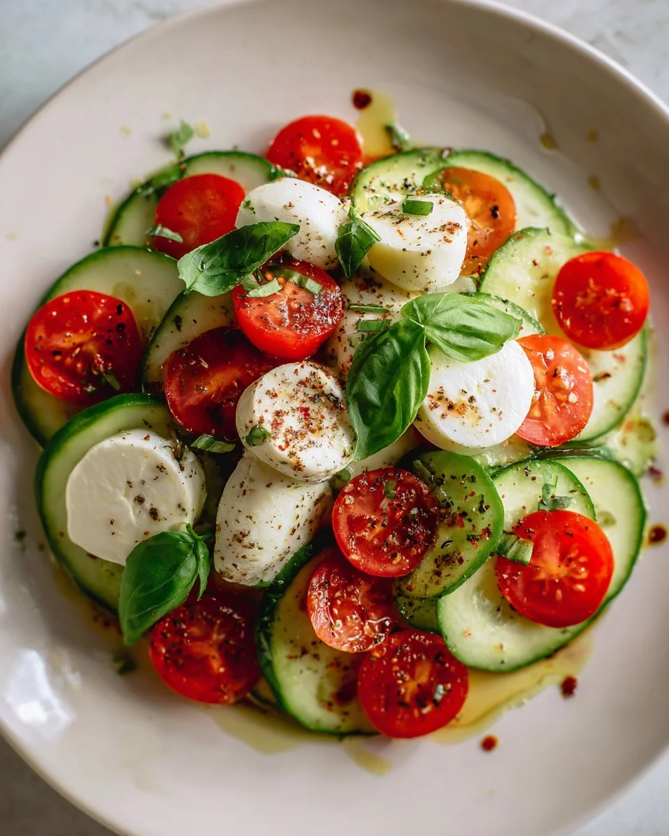 Cucumber Caprese Salad with fresh basil, mozzarella, and tomatoes