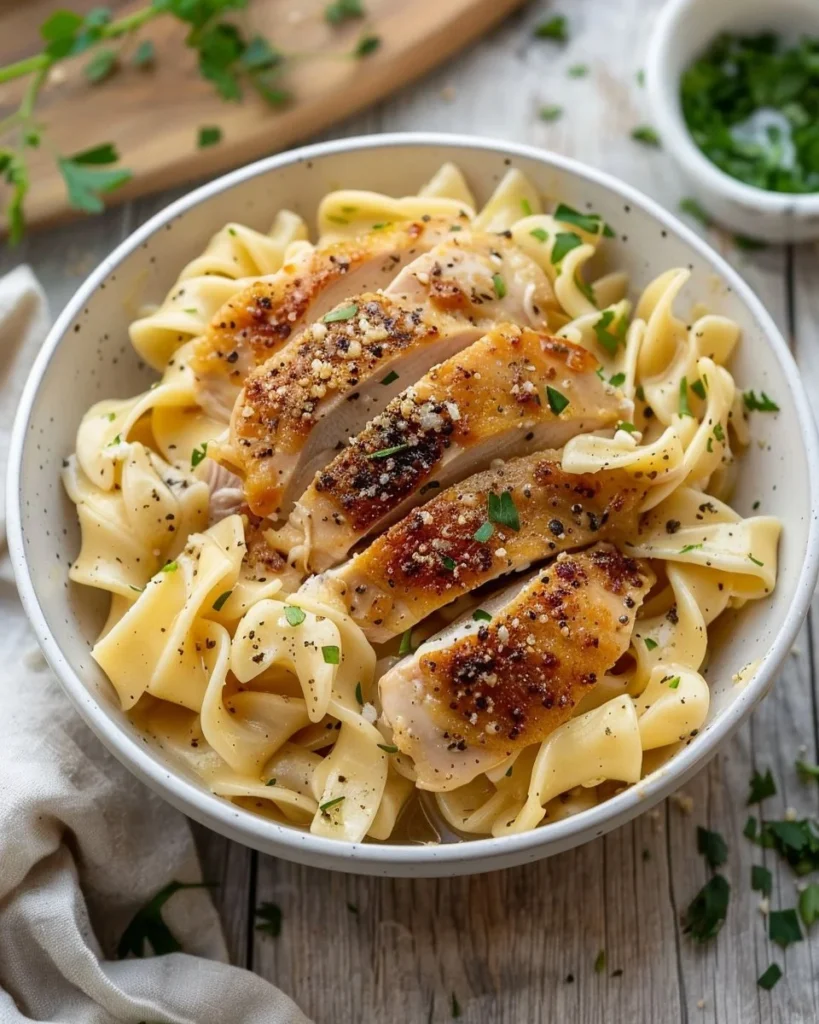 One-pan chicken with buttered noodles served on a plate