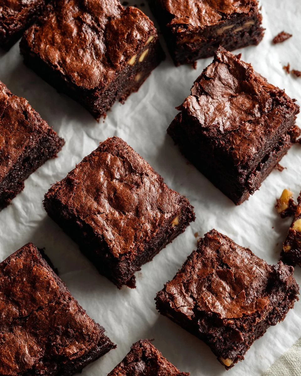Delicious flourless brownies on a plate garnished with chocolate sauce and nuts.