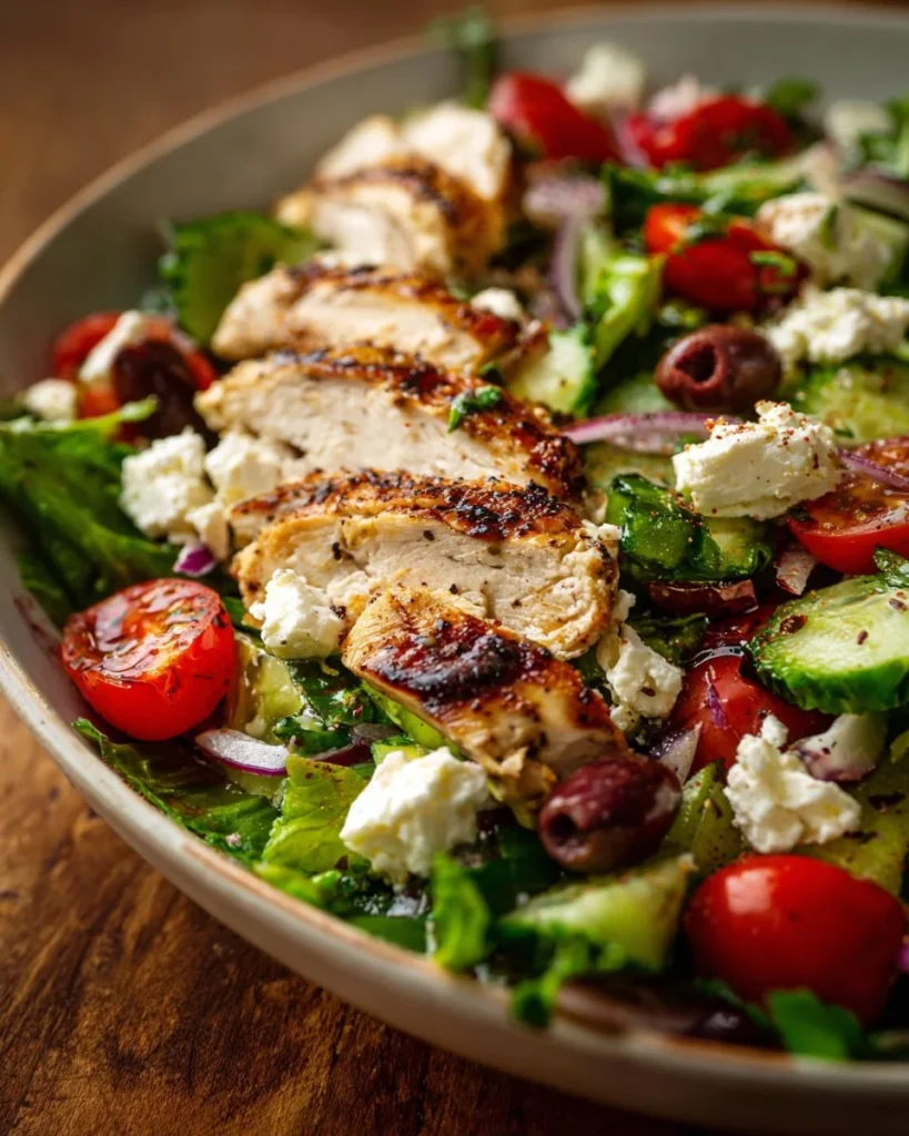 Fresh Greek salad served with grilled chicken, tomatoes, cucumbers, and feta cheese.