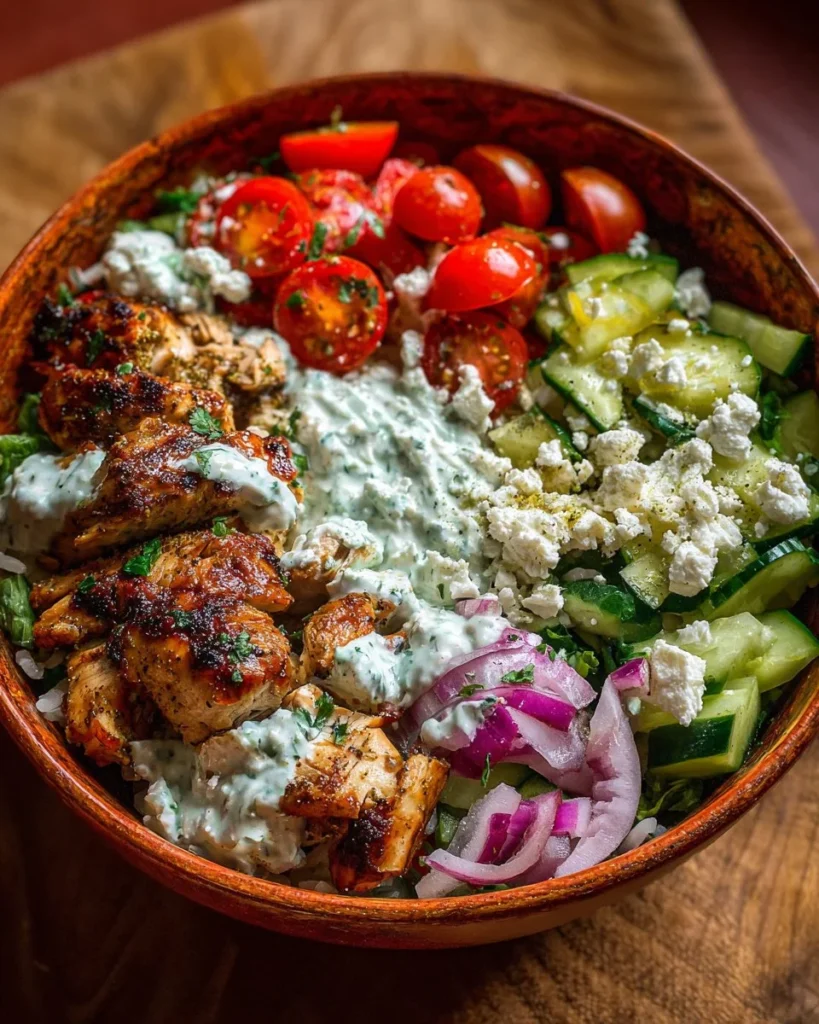 Delicious Greek Chicken Bowl with fresh vegetables and herbs.