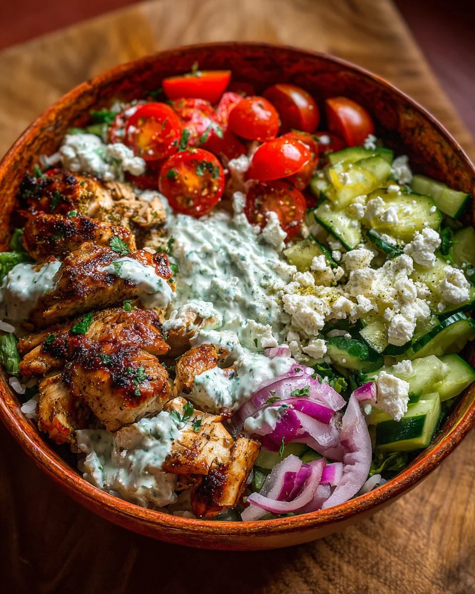 Delicious Greek Chicken Bowl with fresh vegetables and herbs.