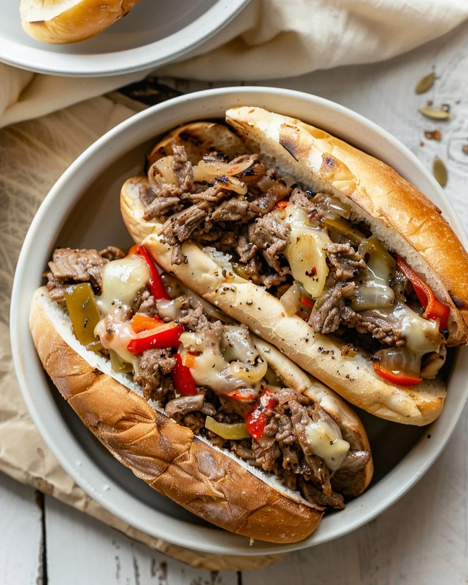 Delicious Ground Beef Philly Cheesesteak sandwich with melted cheese and fresh toppings