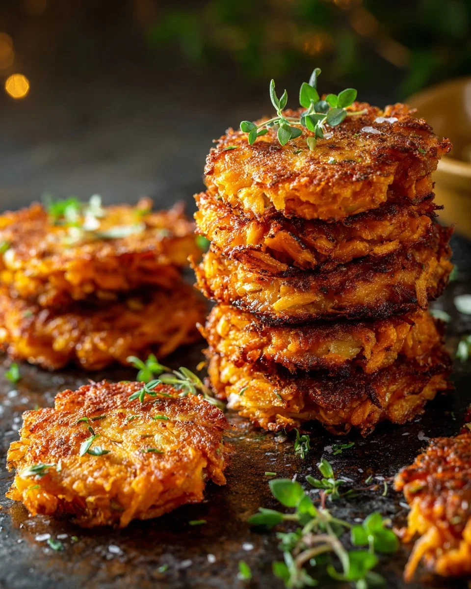 Plate of healthy sweet potato hash browns garnished with herbs