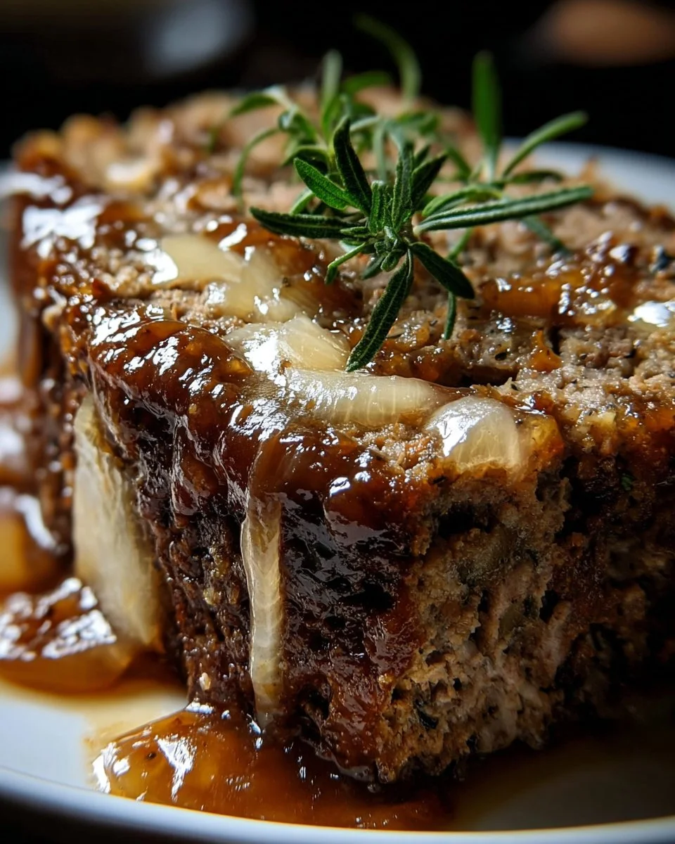 Crockpot French Onion Meatloaf served with onions and herbs