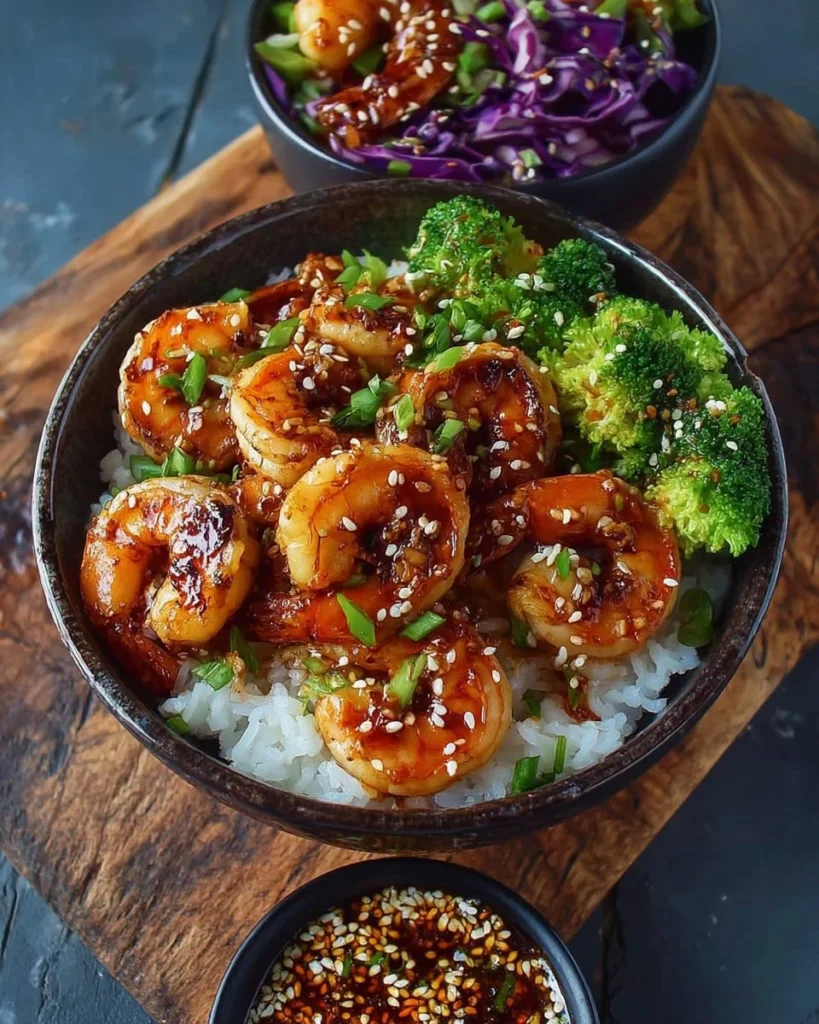 Honey Garlic Shrimp Bowls with vibrant vegetables and rice