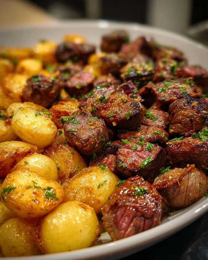 Garlic butter steak bites cooked with potatoes, ready in 30 minutes.