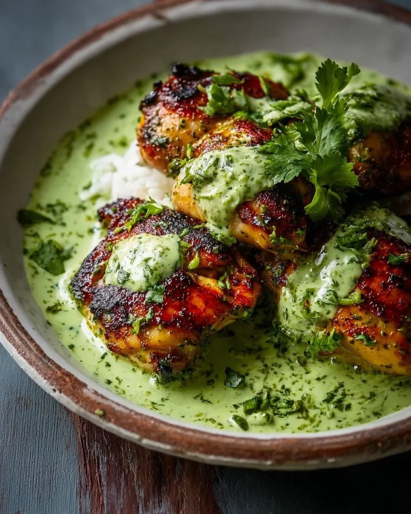 Delicious Peruvian Chicken with creamy green sauce served on a plate