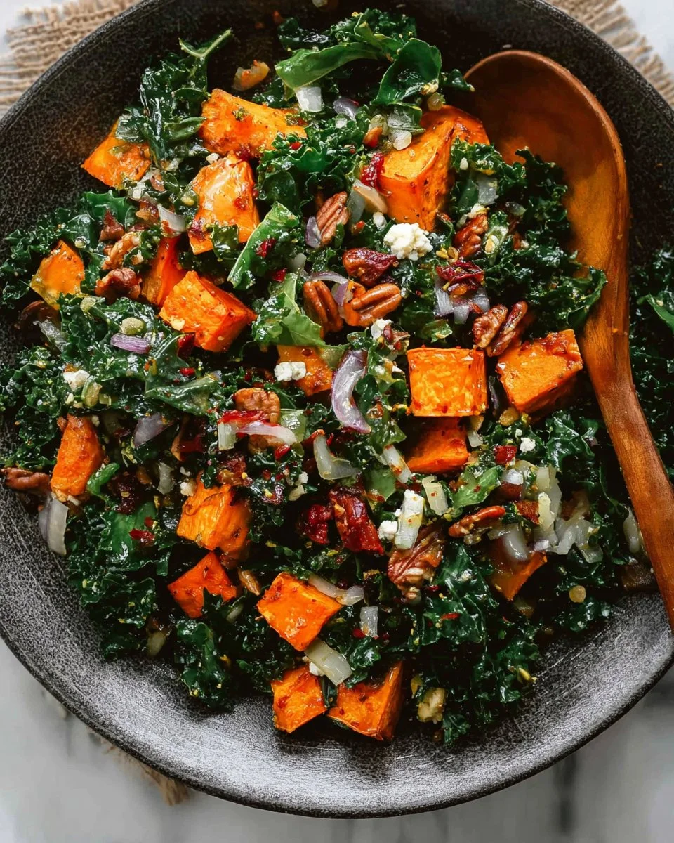 Roasted sweet potato kale salad with vibrant greens and colorful toppings