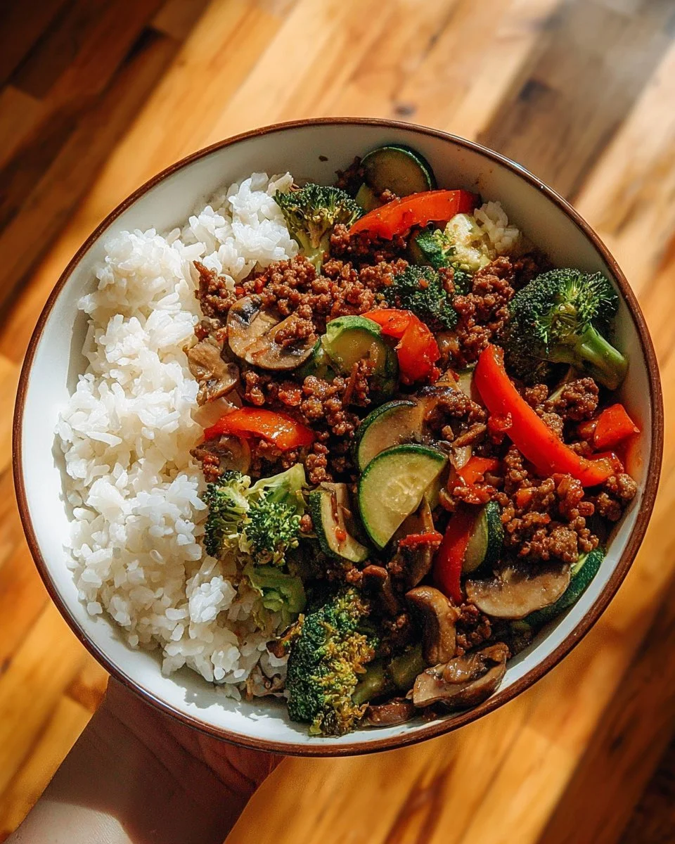 Spicy ground beef stir-fry bowl with garlic vegetables and steamed rice