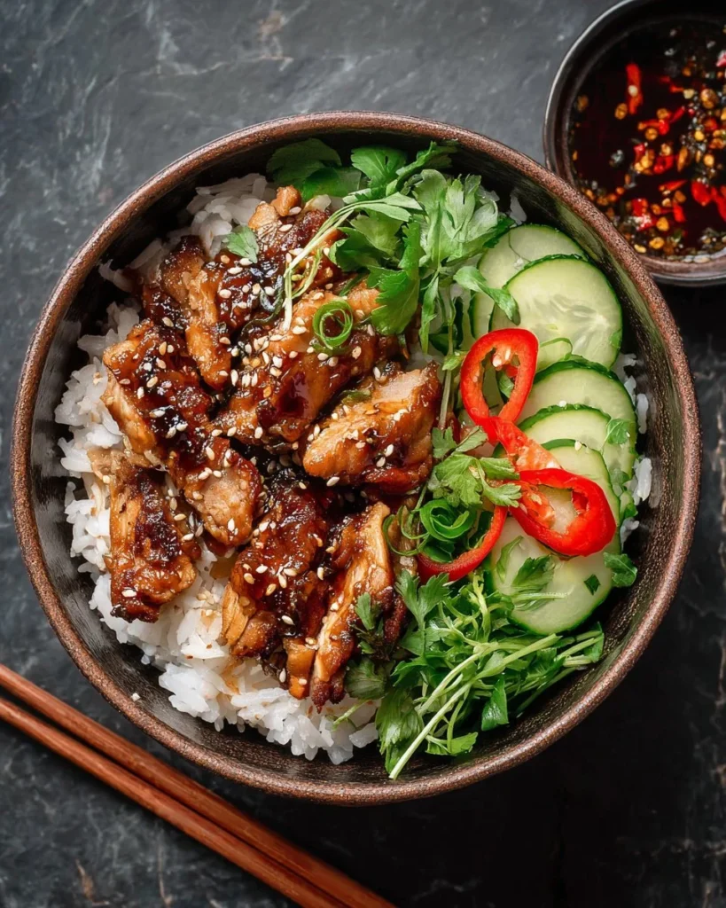Delicious Sticky Chicken Rice Bowls served with fresh vegetables and sauce
