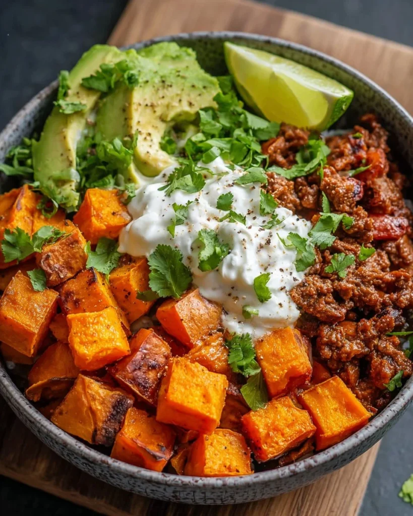 A vibrant sweet potato taco bowl filled with colorful veggies and toppings