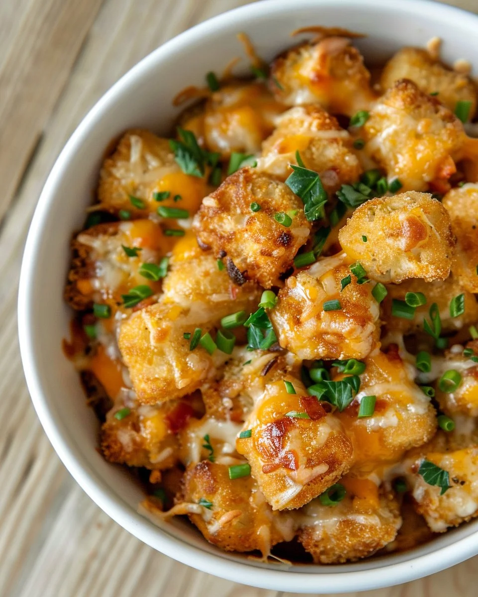 Delicious Tater Tot Casserole served in a baking dish, topped with cheese and crispy tots.