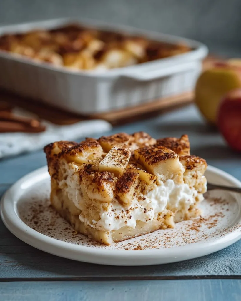 Baked apple cinnamon cottage cheese dish topped with spices and apple slices