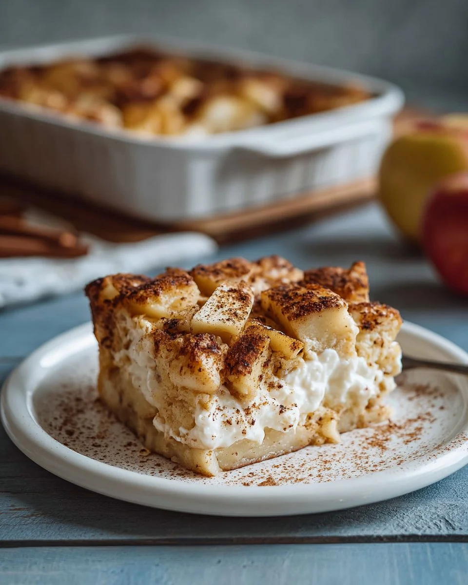 Baked apple cinnamon cottage cheese dish topped with spices and apple slices