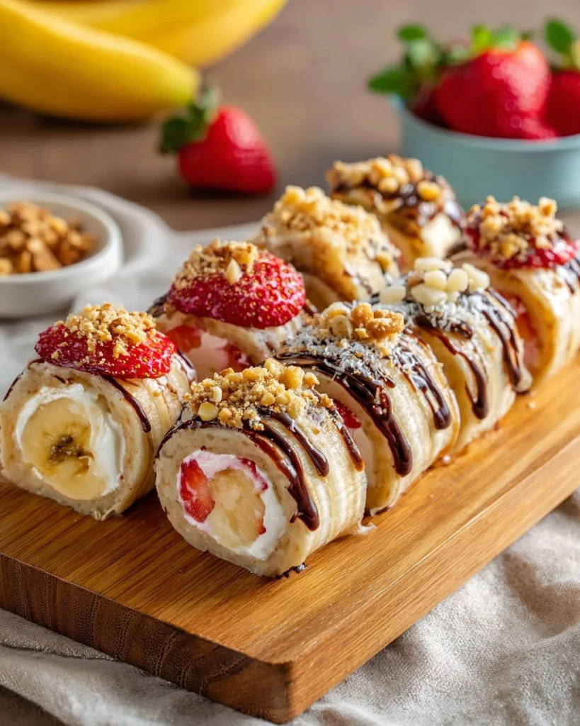 Delicious Banana Sushi rolls made with fresh bananas and chocolate drizzle.