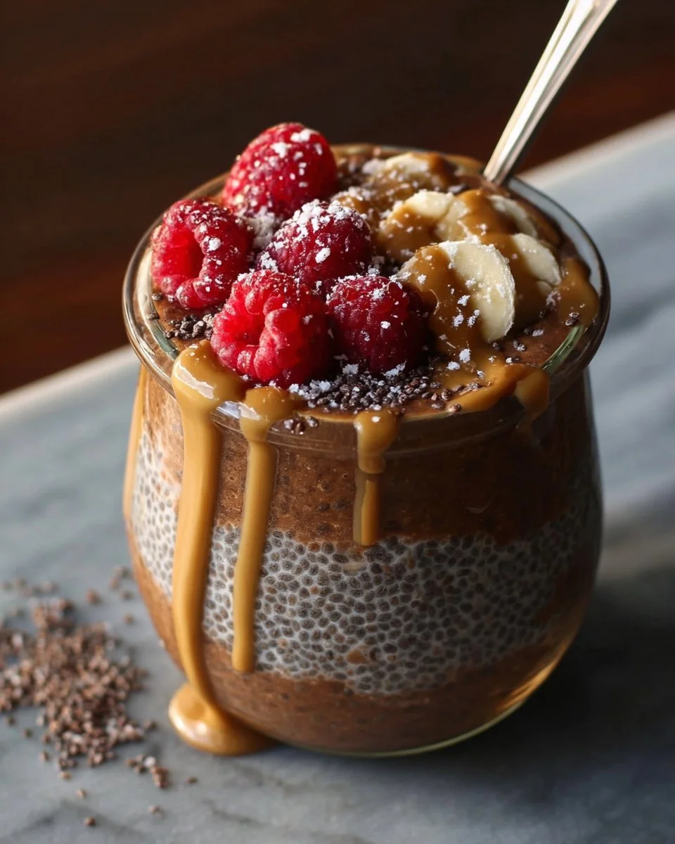 Chocolate Peanut Butter Chia Pudding in a glass bowl with a spoon.