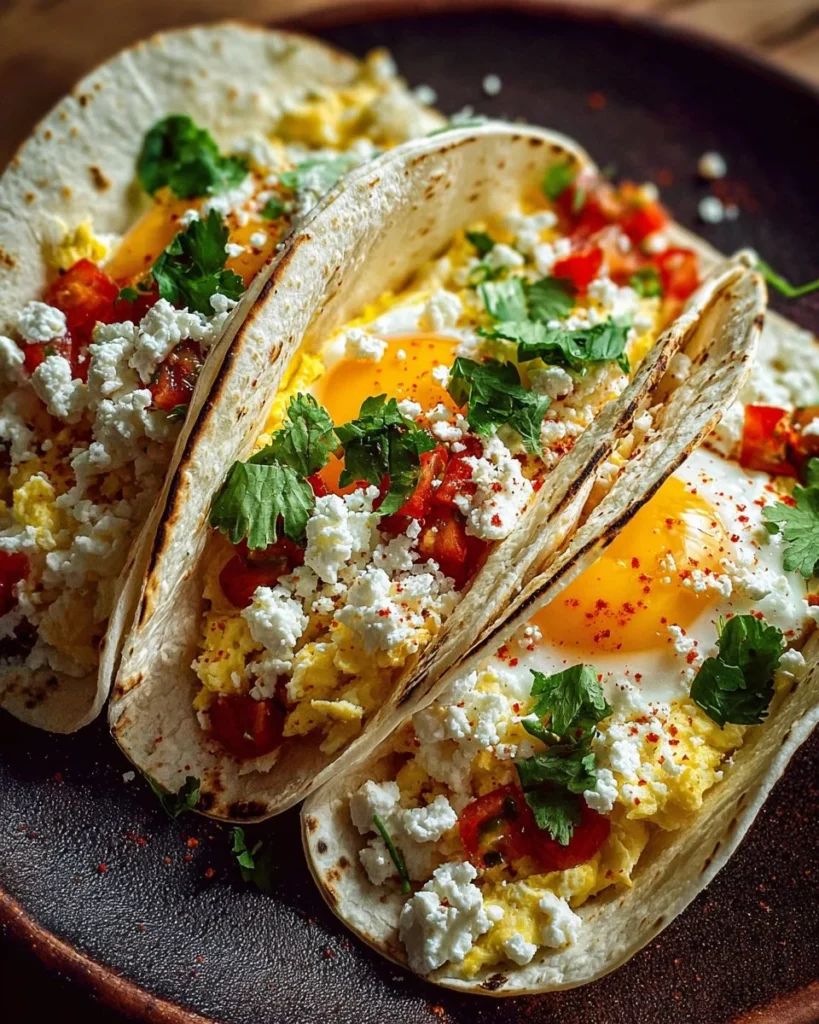 Cottage cheese breakfast tacos topped with fresh vegetables and herbs