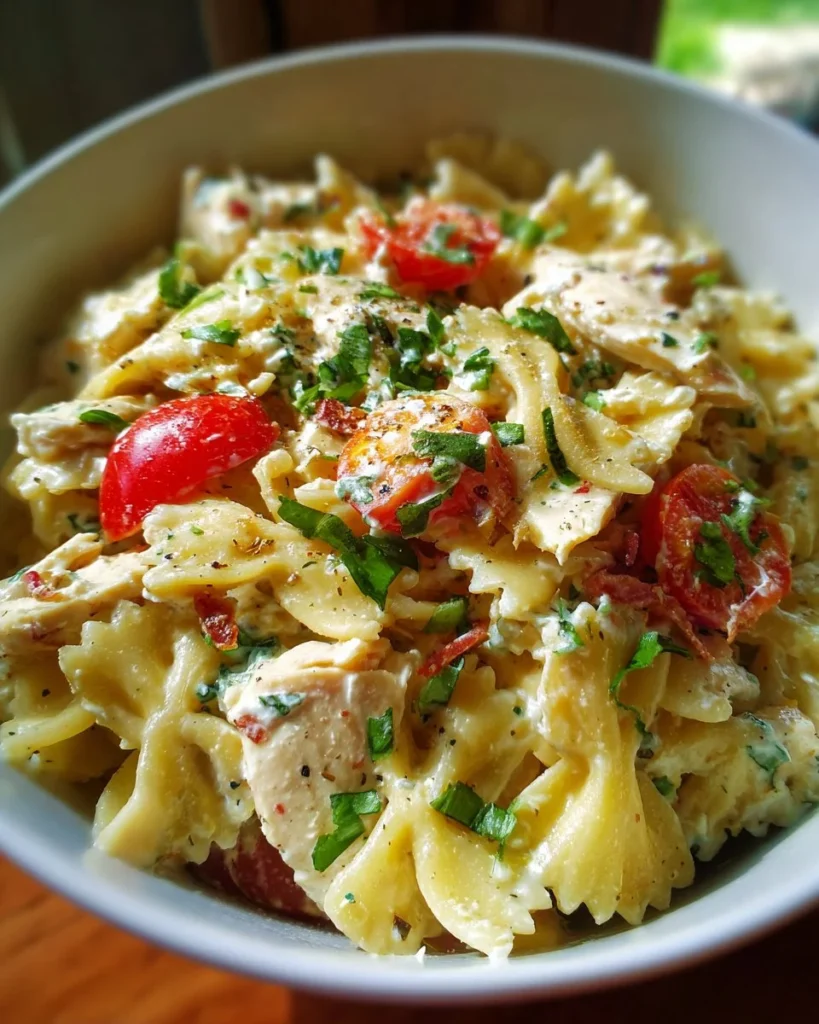 Cottage Cheese Chicken Pasta Salad in a bowl with fresh ingredients
