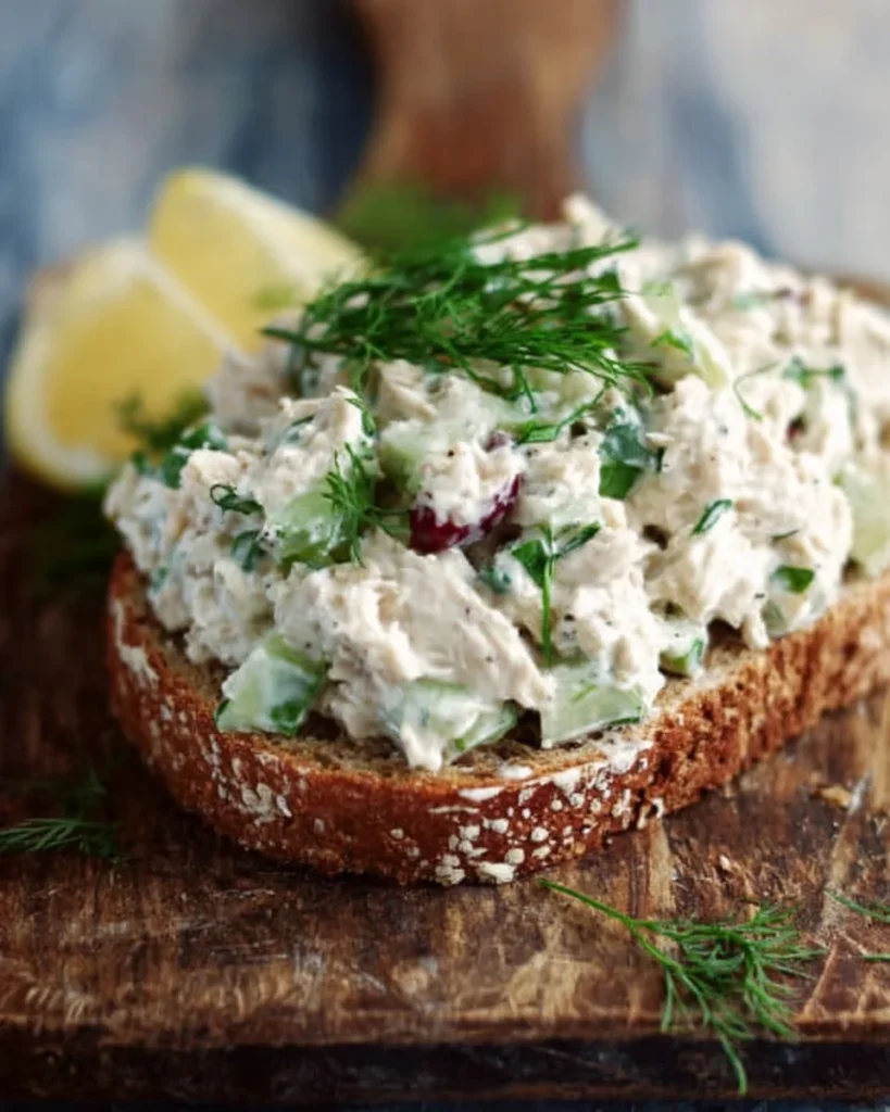 Bowl of Cottage Cheese Chicken Salad topped with fresh herbs and vegetables