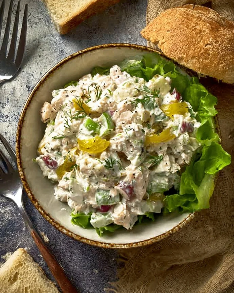 Cottage Cheese Chicken Salad with Banana Peppers served in a bowl