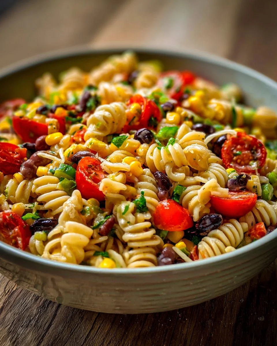 Cowboy Caviar Pasta Salad with colorful ingredients in a bowl