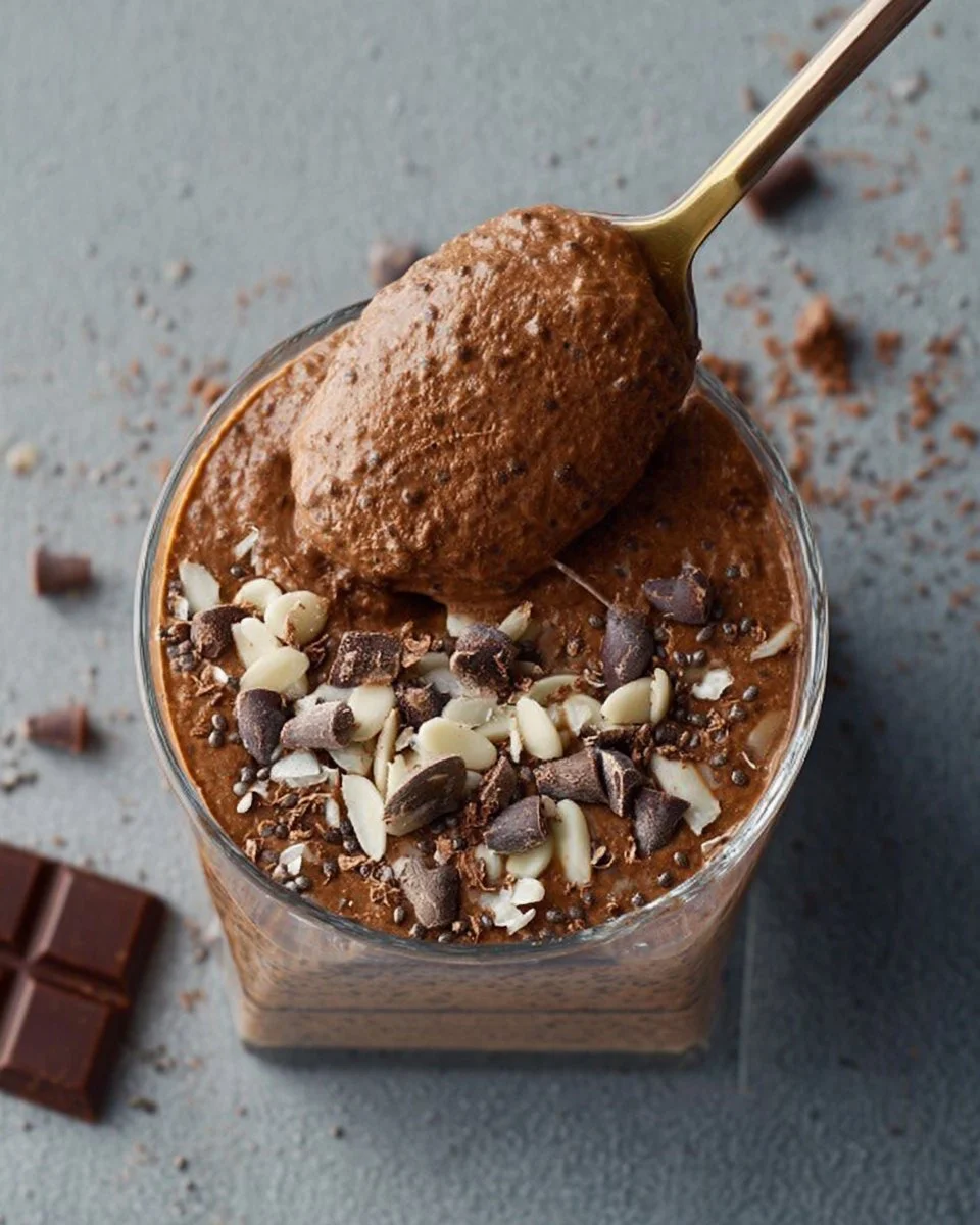 Creamy chocolate protein chia pudding topped with fresh berries and nuts