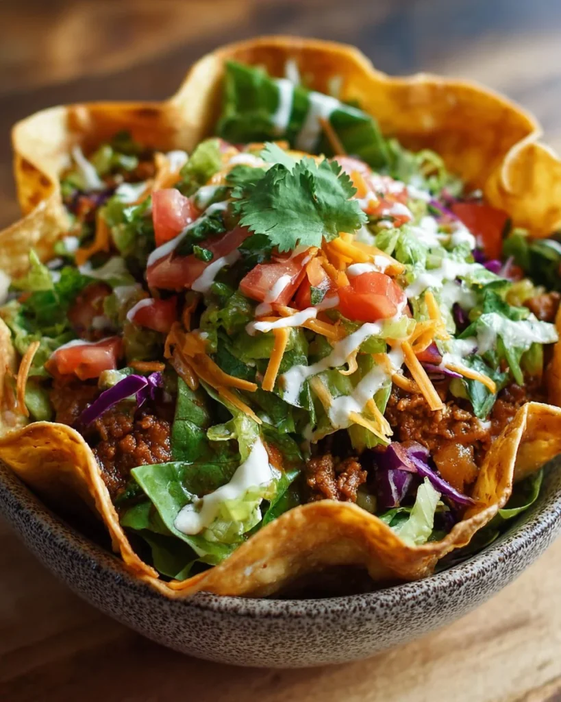 Crispy Tortilla Bowl Taco Salad with fresh ingredients and vibrant colors