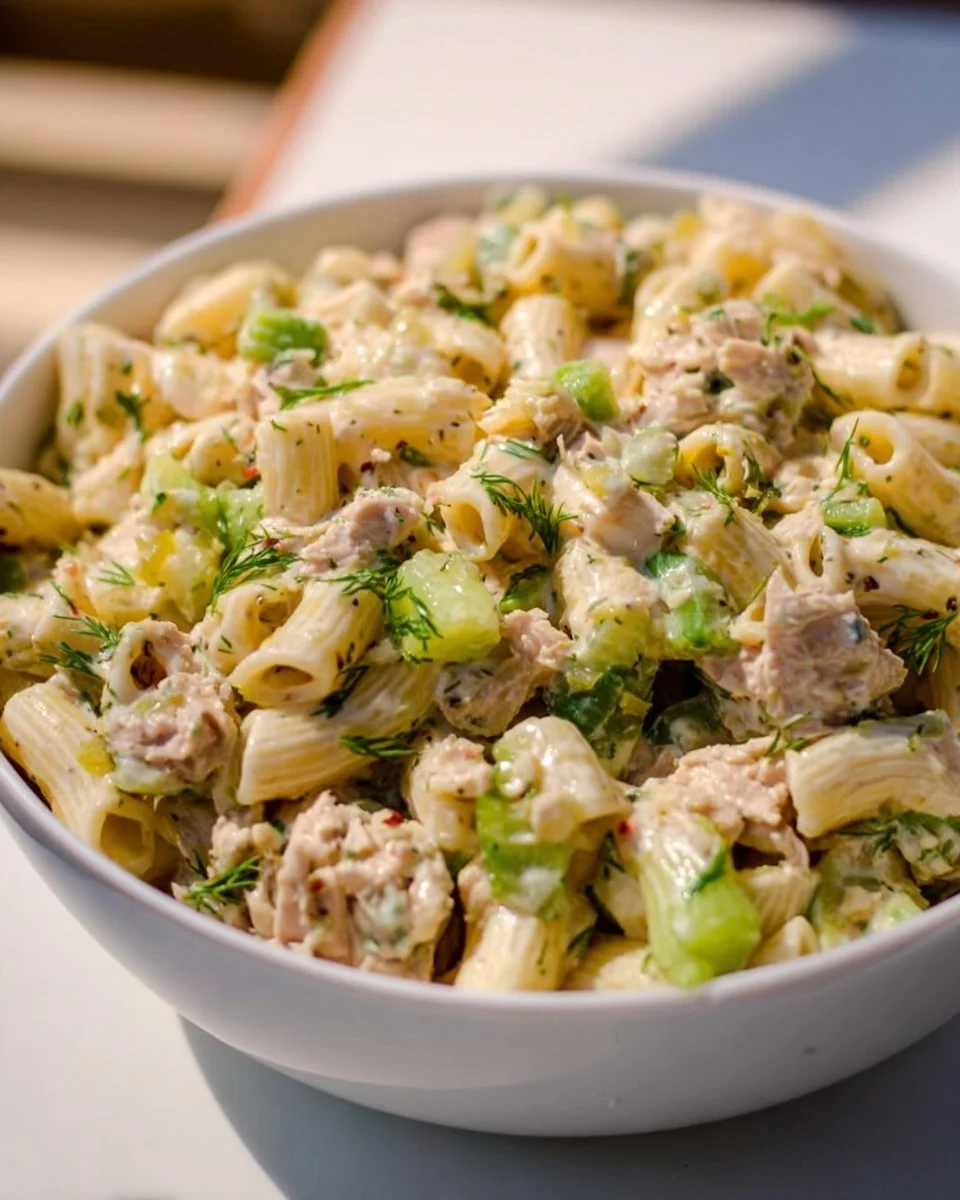 Dill Pickle Tuna Pasta Salad with vibrant colors and fresh ingredients