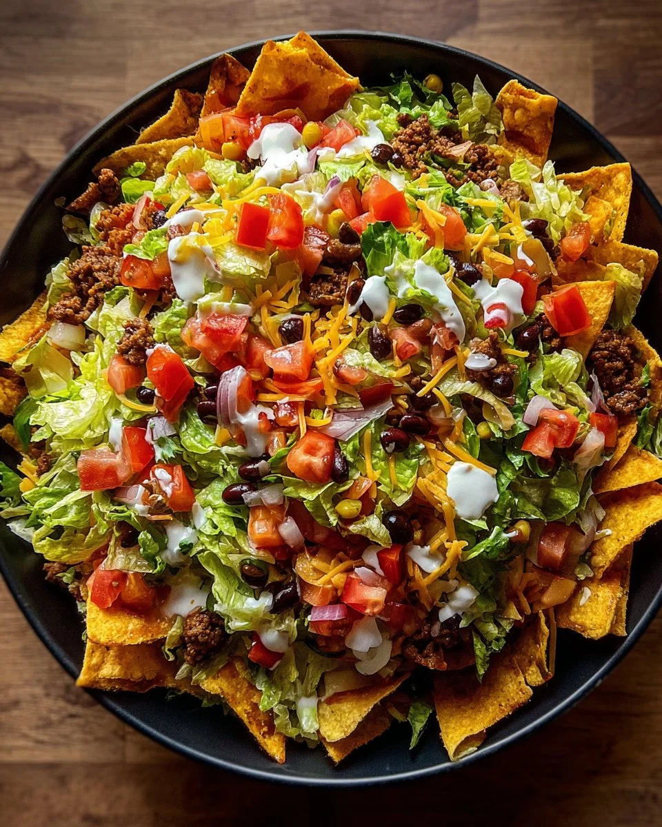 Delicious Doritos taco salad garnished with fresh ingredients