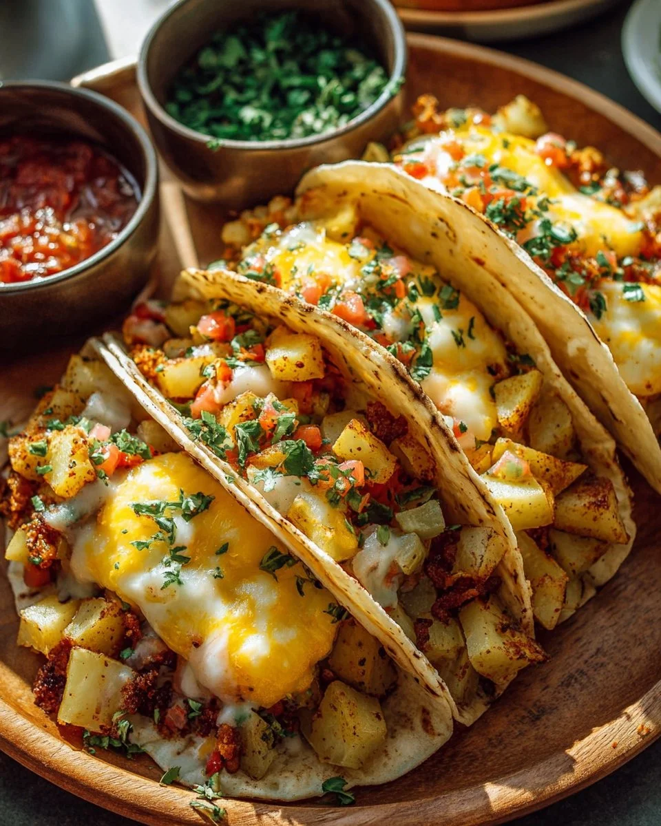 Easy potato, egg, and cheese breakfast tacos served on a plate