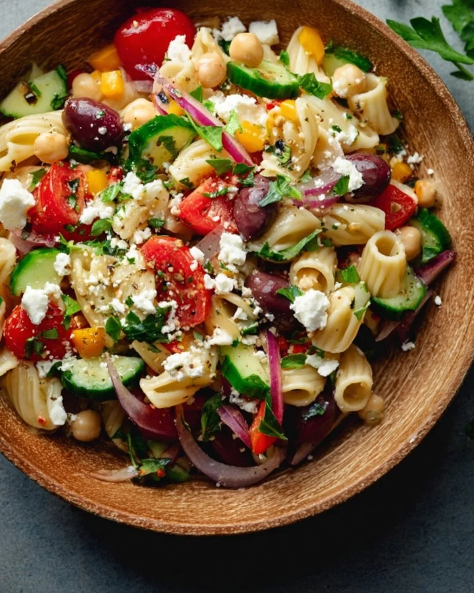 Bowl of Greek Chickpea Pasta Salad topped with olives and feta cheese