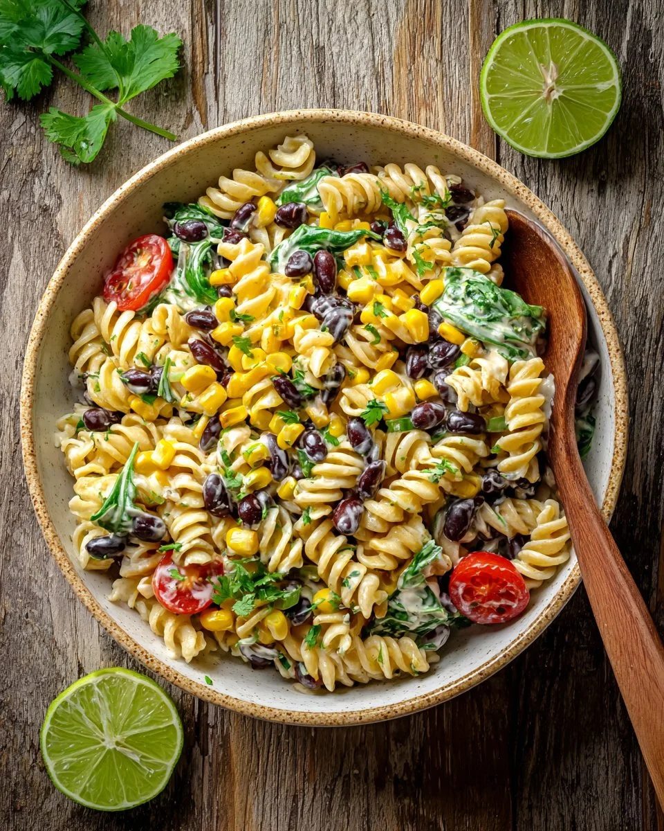 Healthy black bean pasta salad with corn and creamy lime dressing