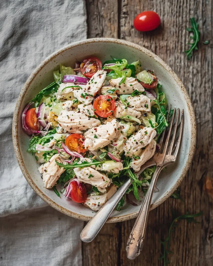 Bowl of healthy chicken salad with fresh vegetables and dressing