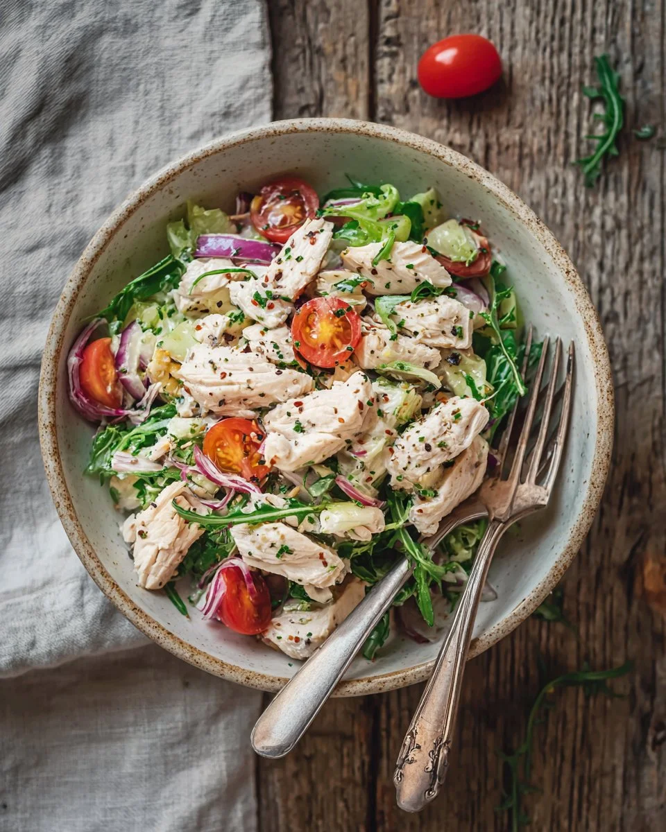 Bowl of healthy chicken salad with fresh vegetables and dressing
