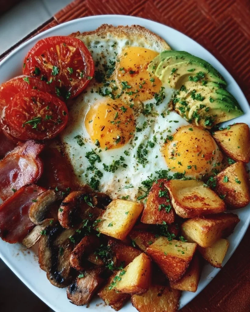 Hearty savory breakfast plate with eggs, bacon, and veggies