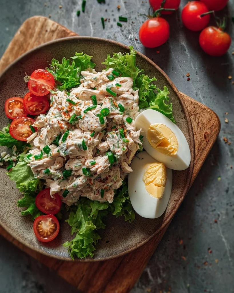 High-protein chicken salad topped with fresh vegetables and a light dressing